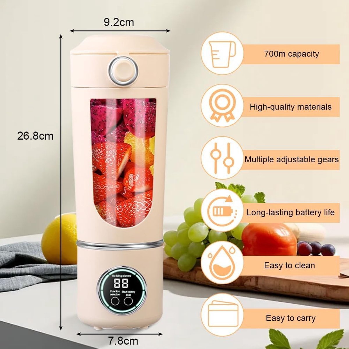 Draagbare Mixer - Mini Blender - Gezonde Drankjes Maken - 12 Roestvrijstalen Messen - 700 ml Capaciteit - Beige