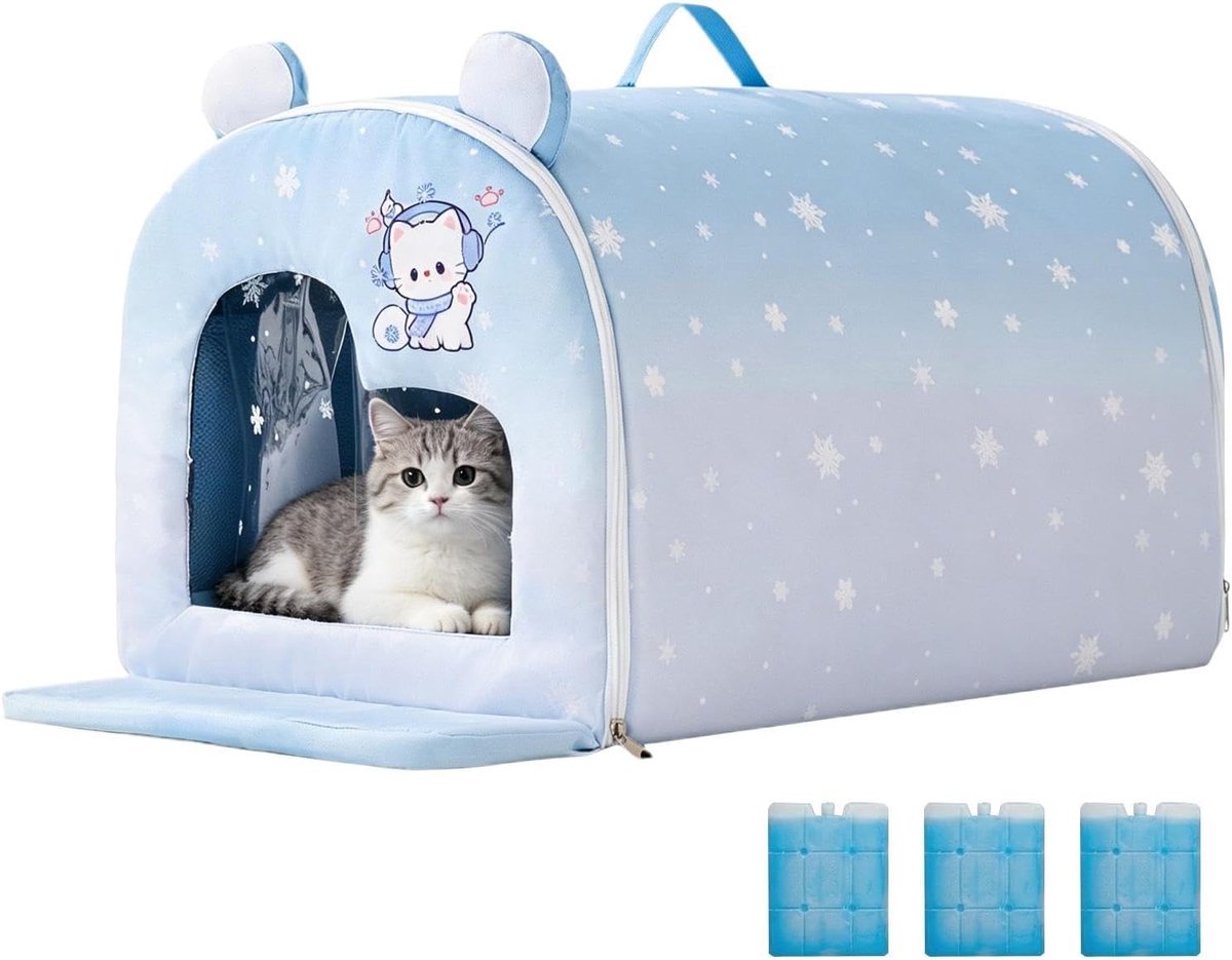 Geïsoleerd Kattenhuis - Verkoelend Huisdierenverblijf - Comfort Buiten - Met IJs-koelsysteem - 35x30x30cm - Blauw