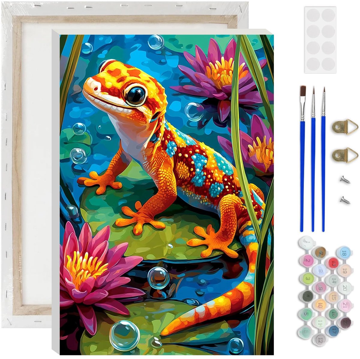 Dailygoods- Schilderen op Nummer Kleurrijke Gecko - Schilderen voor Volwassenen - Olieverfschilderijset - Inclusief 3 Penselen - 20 x 30 cm - Met Lijst - Doe-het-zelf Schilderij