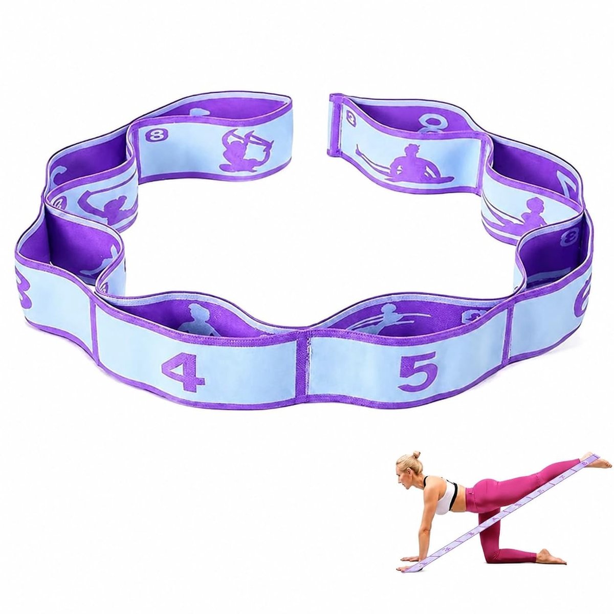 Dailygoods - Yoga stretchband met 8 lussen – elastische fitnessband van polyester en latex – gymnastiekband voor effectieve stretching, pilates, dans en rekoefeningen, lichtgewicht en duurzaam