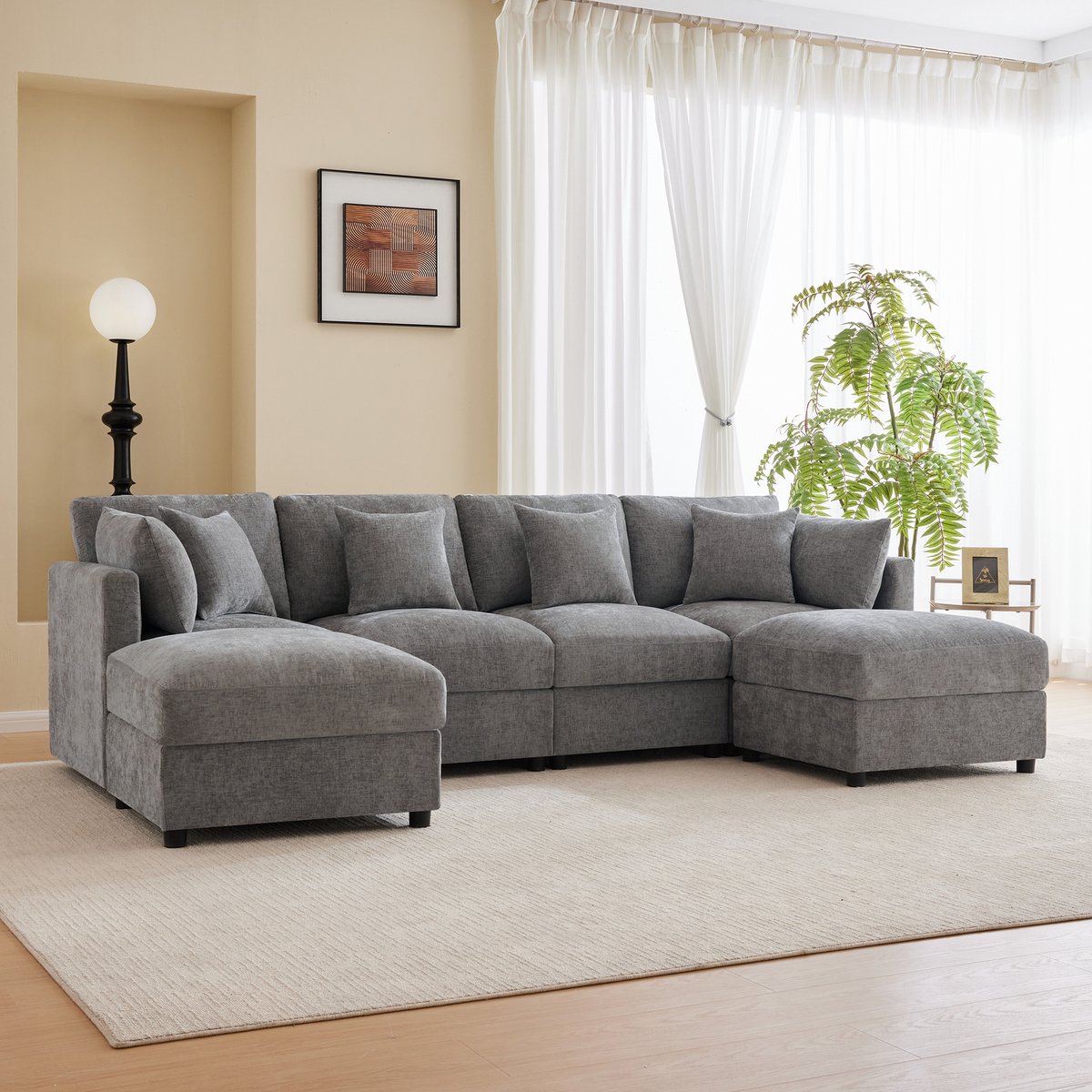 DESMIU U-Bank 284 x 156,5 cm - Modulaire 6-Zits Hoekbank Met 2 Hockers En Verstelbare Armleuningen - Voor Woonkamer - Chenille Grijs