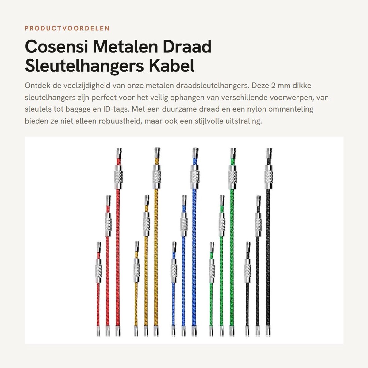 Dailygoods- Sleutelhangers 2mm Draad - Roestvrij Staal Connector - Nylon Ombouwing - Multifunctioneel - Gemakkelijk te Verwijderen - Duurzaam - Kabelsleutelhanger