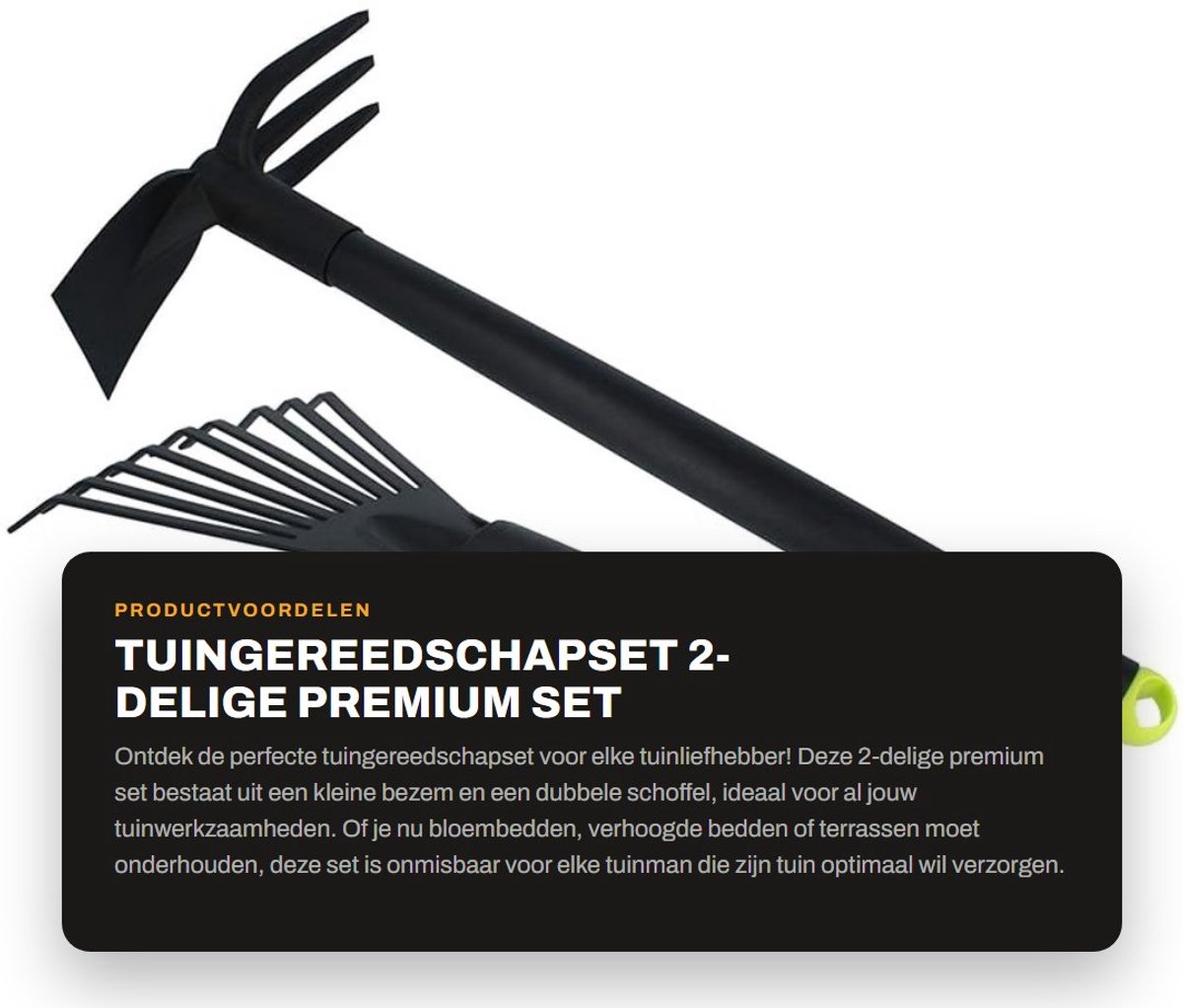 Dailygoods- Tuingereedschapset 2-delig - Kleine Bezem - Dubbele Schoffel - Robuust Tuingereedschap - Vezelversterkt Kunststof - Lichtgewicht en Ergonomisch