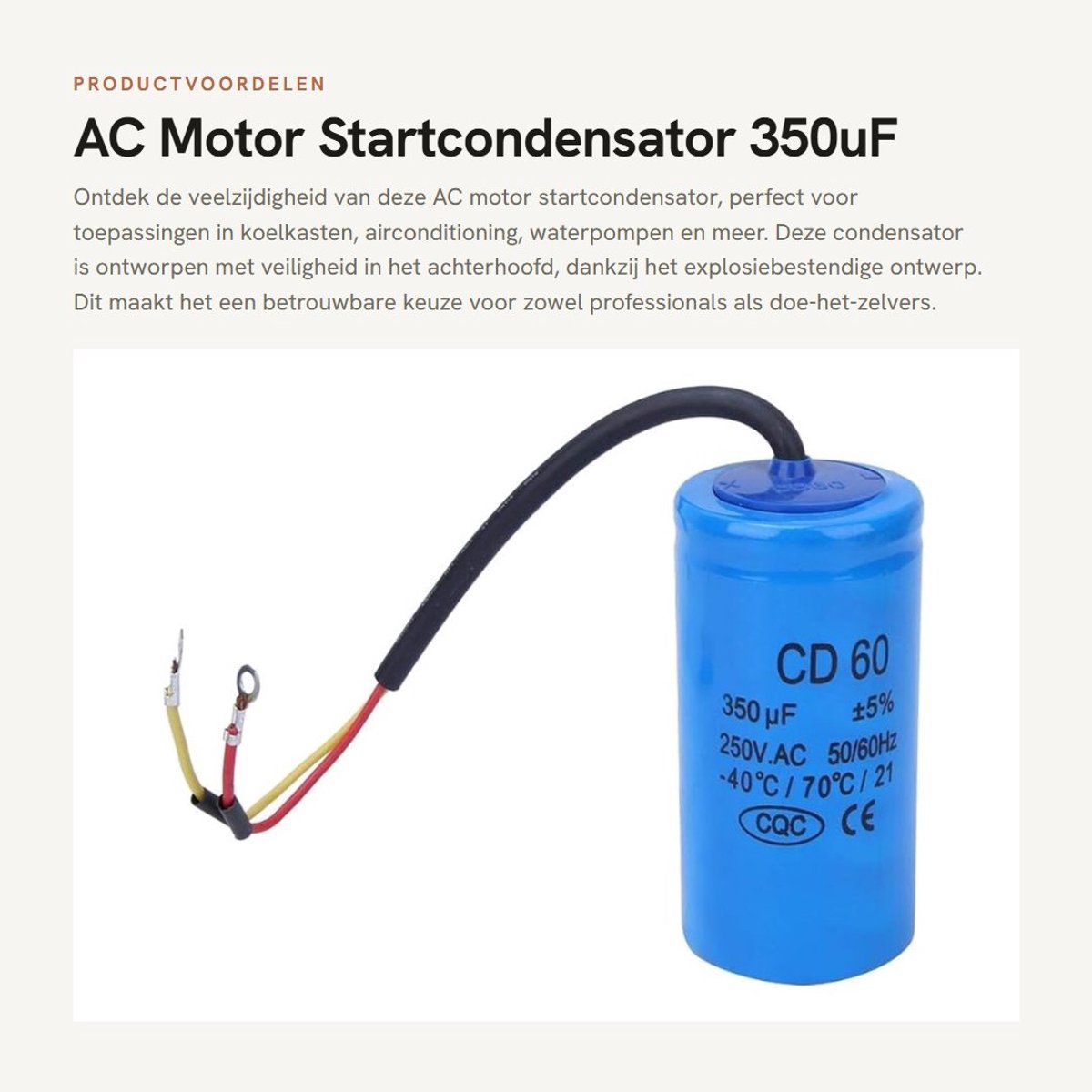 Dailygoods- Motorcondensator 350uF 250V - Startcondensator - Explosiebestendig - Zelfherstellend - Geschikt voor AC-motor - Lange levensduur