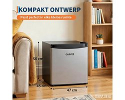 Stille minikoelkast van 45 l met roestvrijstalen voorkant – 5 temperatuurstanden (0–18 °C) – groentelade – ingebouwd vriesvak – ledverlichting – verstelbare voetjes – compact – energiezuinig [Energieklasse A]