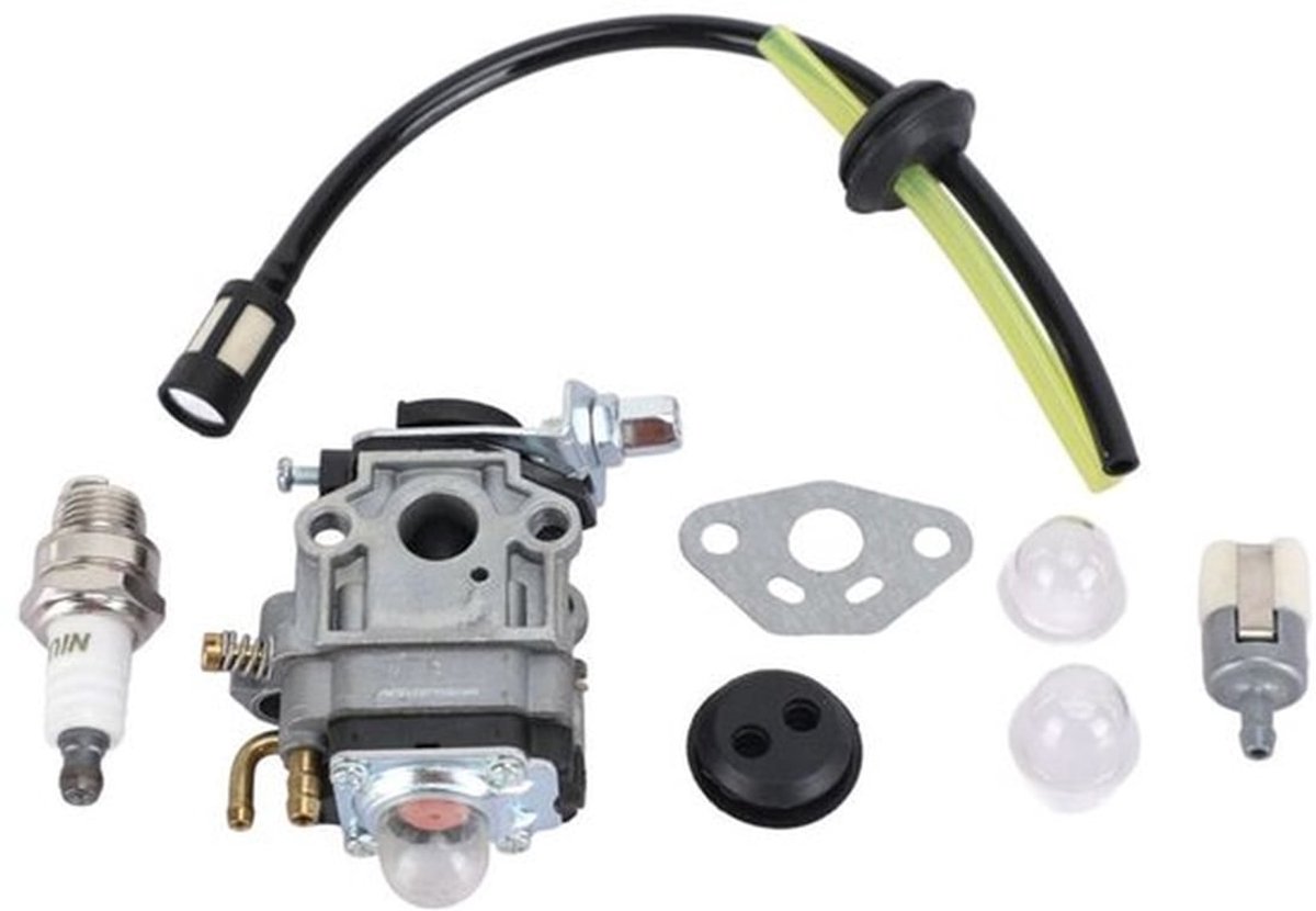 Carburateursets geschikt voor TH23-, TH26- en TH34-modellen van 23CC, 25CC, 26CC, 33CC en 35CC grasmaaiers, inclusief bougies en filterleidingen.