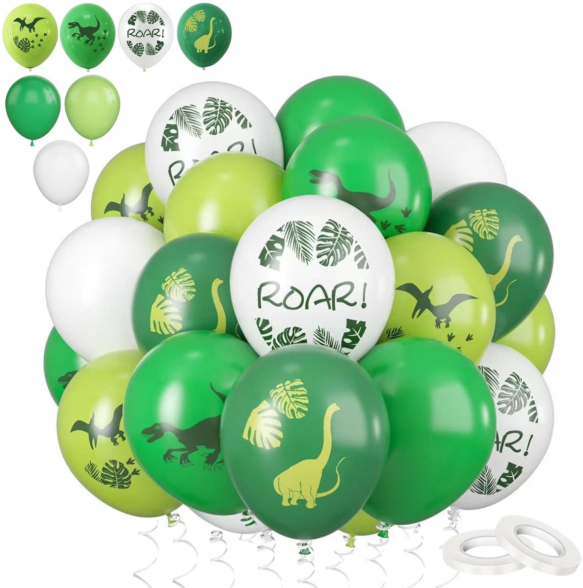 Set van 60 30 cm witte en groene dinosaurussen ballonnen van stevig latex voor verjaardagsfeestjes, jungle safari thema en kinderfeestjes met helium.
