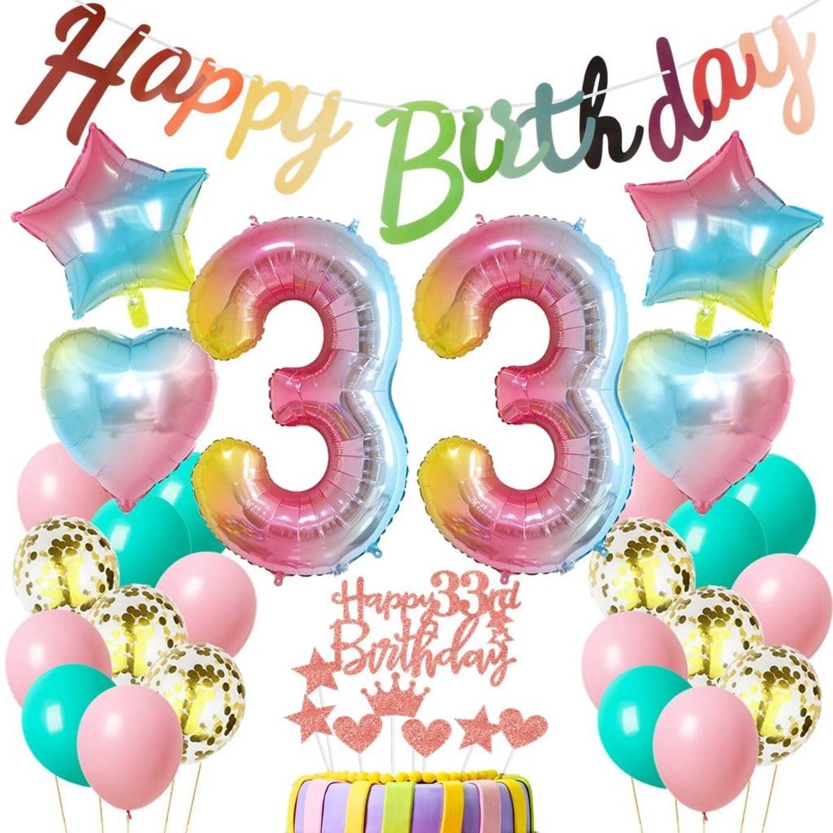 Dailygoods- Verjaardagsdecoratie Roze - Ballon 33e Verjaardag - Happy Birthday Slinger - Latex Ballonnen - Folieballonnen - Taartdecoratie - Inclusief Ballonlint - Feestdecoratie