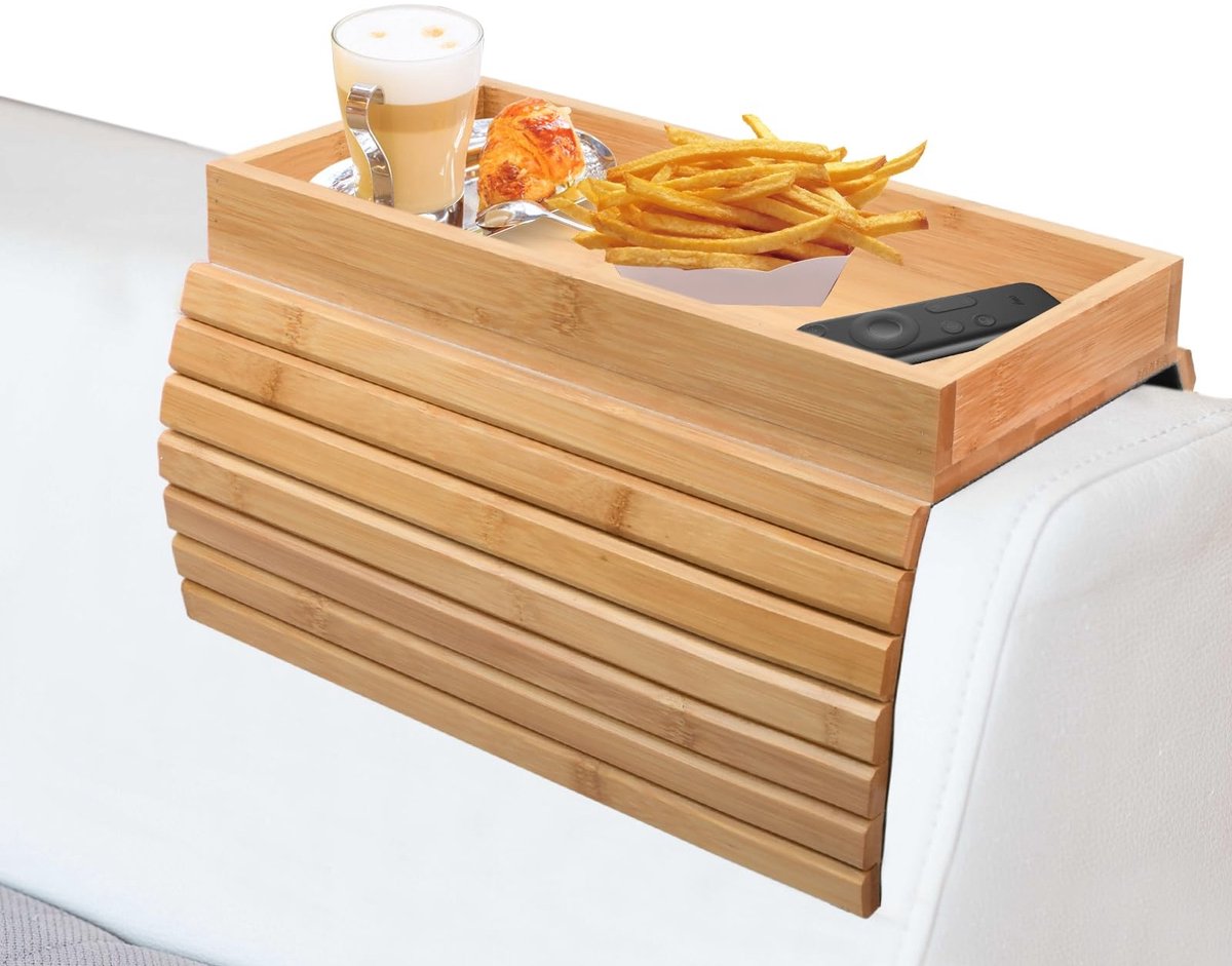 Dailygoods - Flexibel Sofatablet van bamboe voor armleuning, antislip banktablet, opvouwbare sofa armleuning opbergvak voor afstandsbediening, snacks, mobiele telefoon, drankjes, kopje