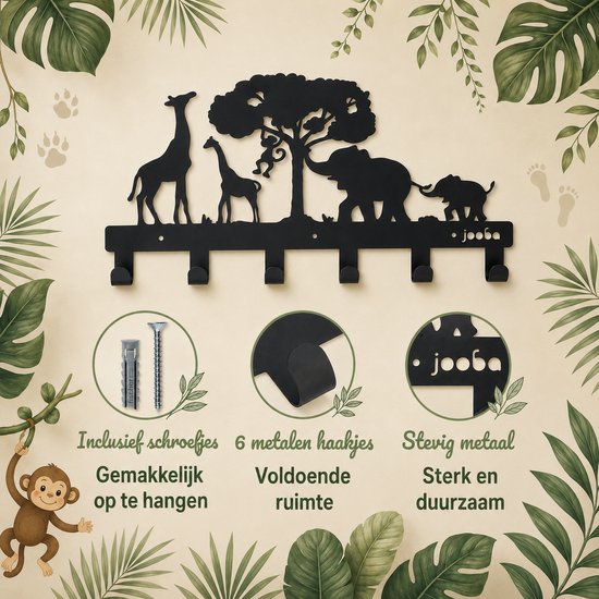 Zwarte metalen kinderkapstok met 6 haken, inclusief schroefjes, stevig metaal en gemakkelijk op te hangen.