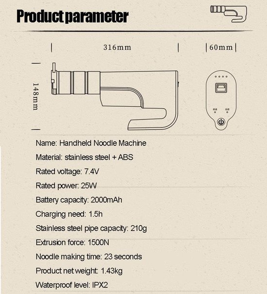 Pastamaker Elektrisch - Automatische Deegmaker - Zelf Pasta Maken - Draadloos Handzaam Ontwerp - 3 Vormen - Zilver — afbeelding 4