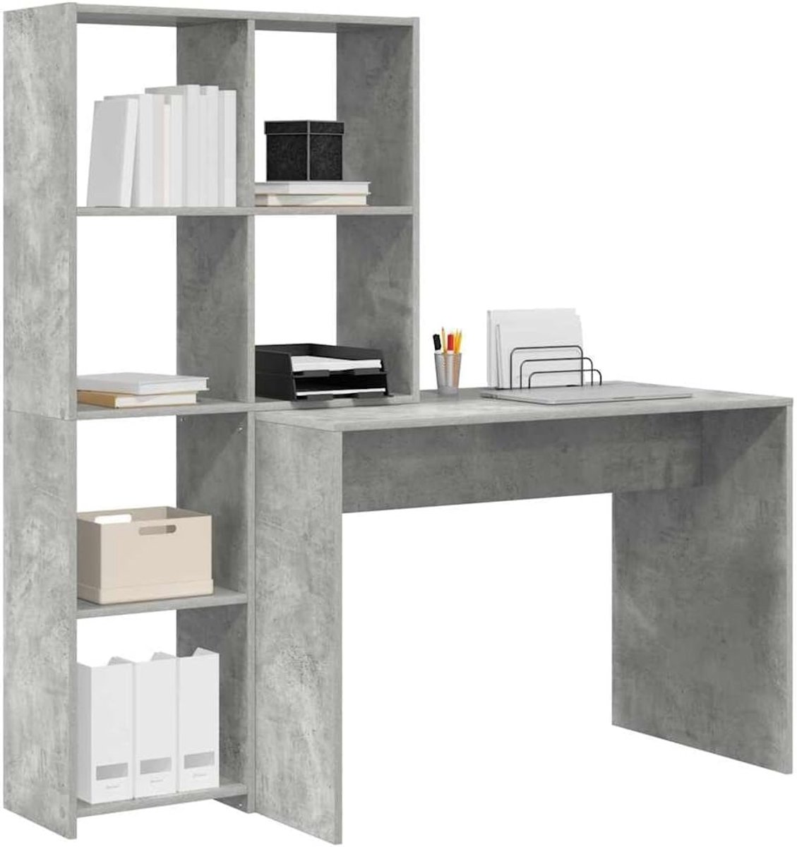 Bureau met plank - Studietafel werkplek - Thuiswerken studeren - Krasbestendig oppervlak - 1385 cm breed - Beton grijs