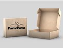 Bruine kartonnen verzenddoos met PromoHome logo en hartvormig icoon.