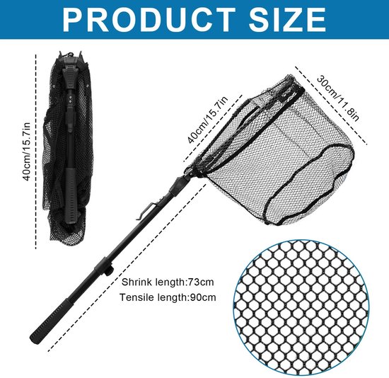 Dailygoods - Schepnet voor vissen, rubberen schepnet 40 x 30 cm, tweedelig, inklapbaar telescopisch visschepnet 90 cm met aluminium frame voor forelvissen, zalm, karpers, bas, catfish van Dailygoods — afbeelding 4