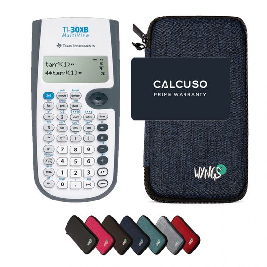 TI-30XB MultiView rekenmachine met blauwe WYNGS hoes. Inclusief 'CALCUSO PRIME WARRANTY' kaart.