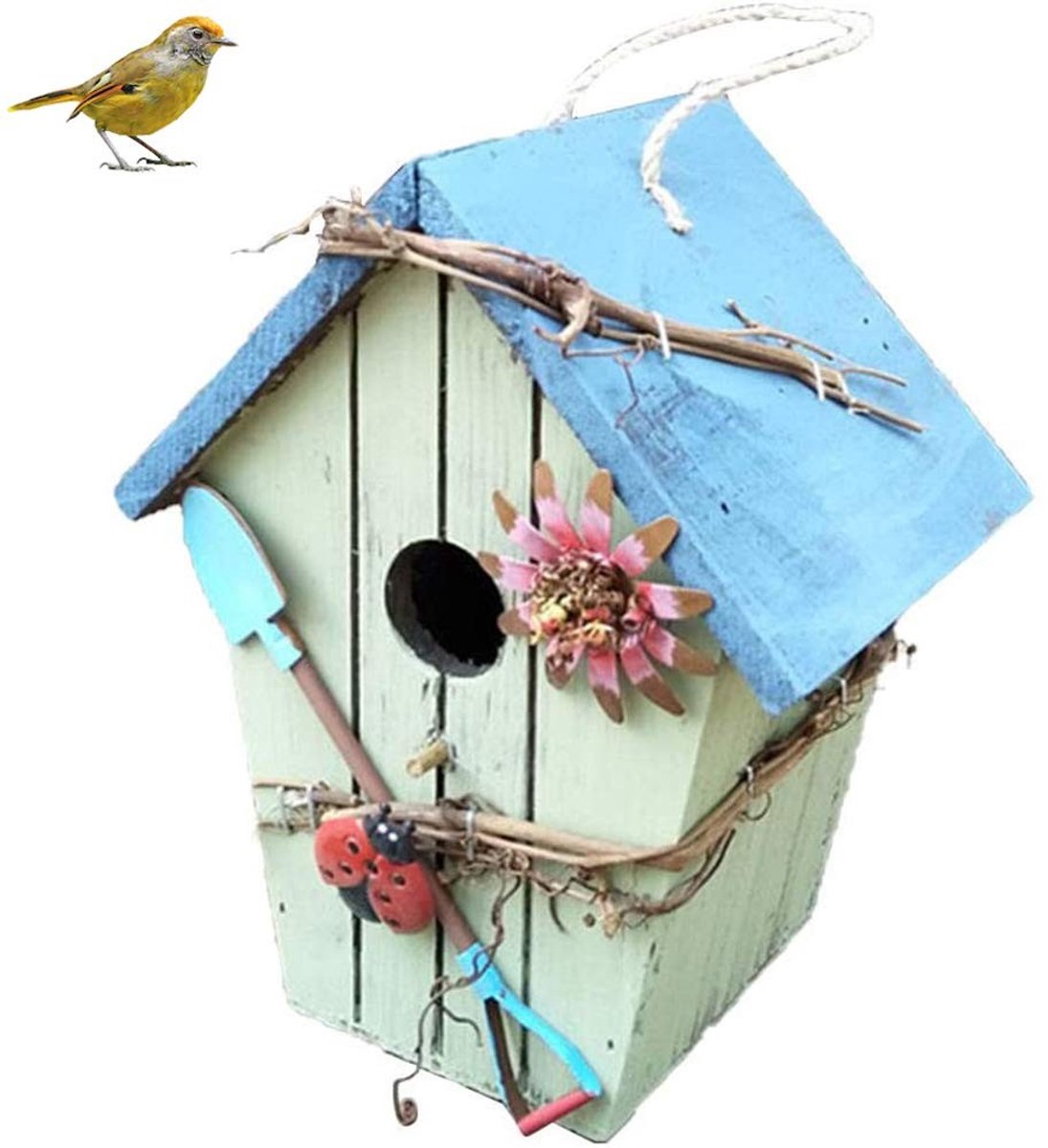 Dailygoods- Vogelhuis Handgeschilderd - Buiten Vogelhuisje - Tuindecoratie - Massief Hout - Metalen Dak - Henneptouw - Gewicht 0,8 kg