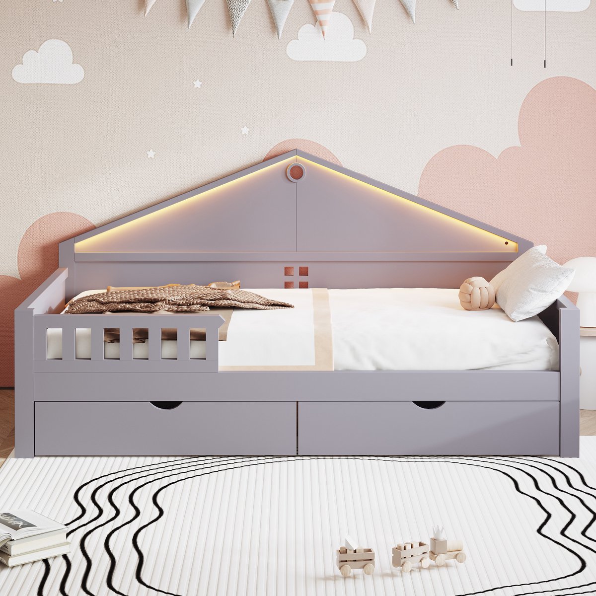 MEUNIQ kinderbed 90x200 cm met LED-lichtstrip, 2 lades en lattenbodem, eenpersoons bed voor kinderkamer of tienerkamer, grijs