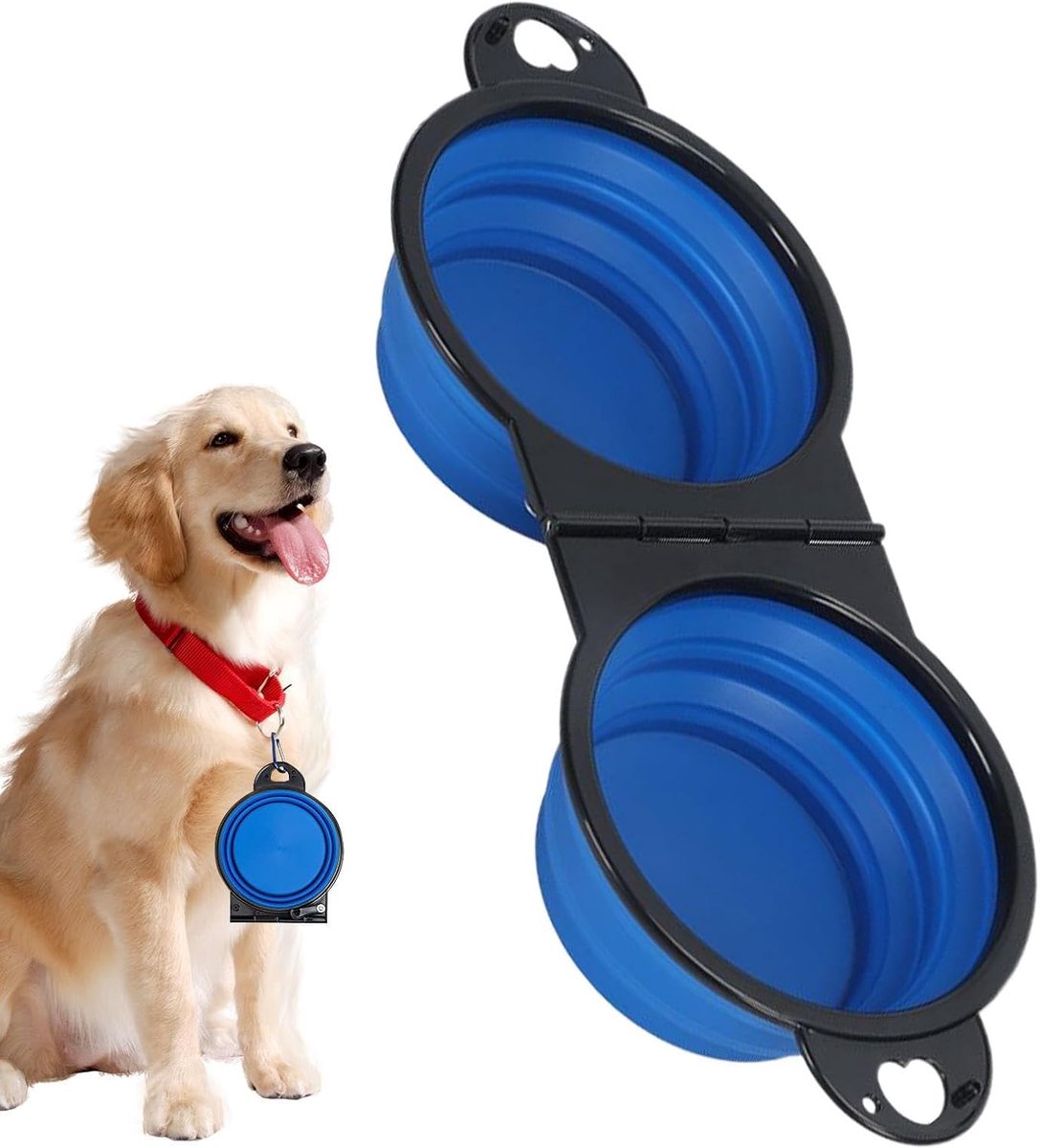 Hondenvoerbakken - Dubbele voerbak - Reizen met hond - Opvouwbaar station - 32x13x5 cm - Blauw