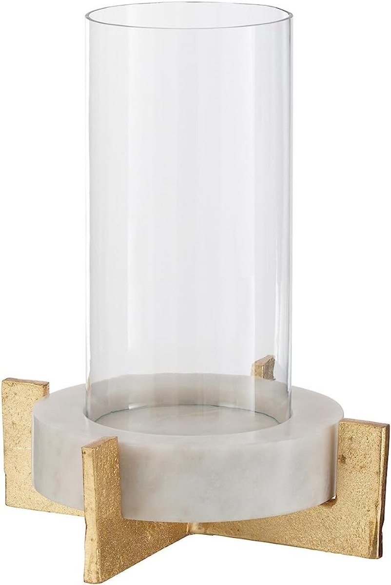 Windlicht Glas Voet - Sfeerverlichting Kandelaar - Creëer Sfeer - Marmer Metaal Design - Kleine Afmeting - Champagne Grijs