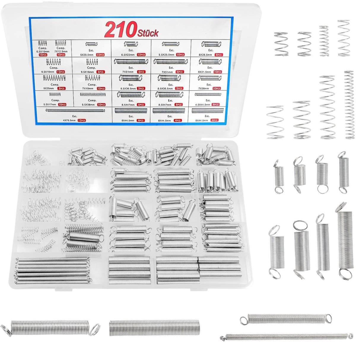 Dailygoods- Trekveren - 210 Stuks - Kleine Spiraalveren - Drukveren - Torsieveren - Roestvrijstalen Metalen Veren - Set voor Doe-Het-Zelf Projecten