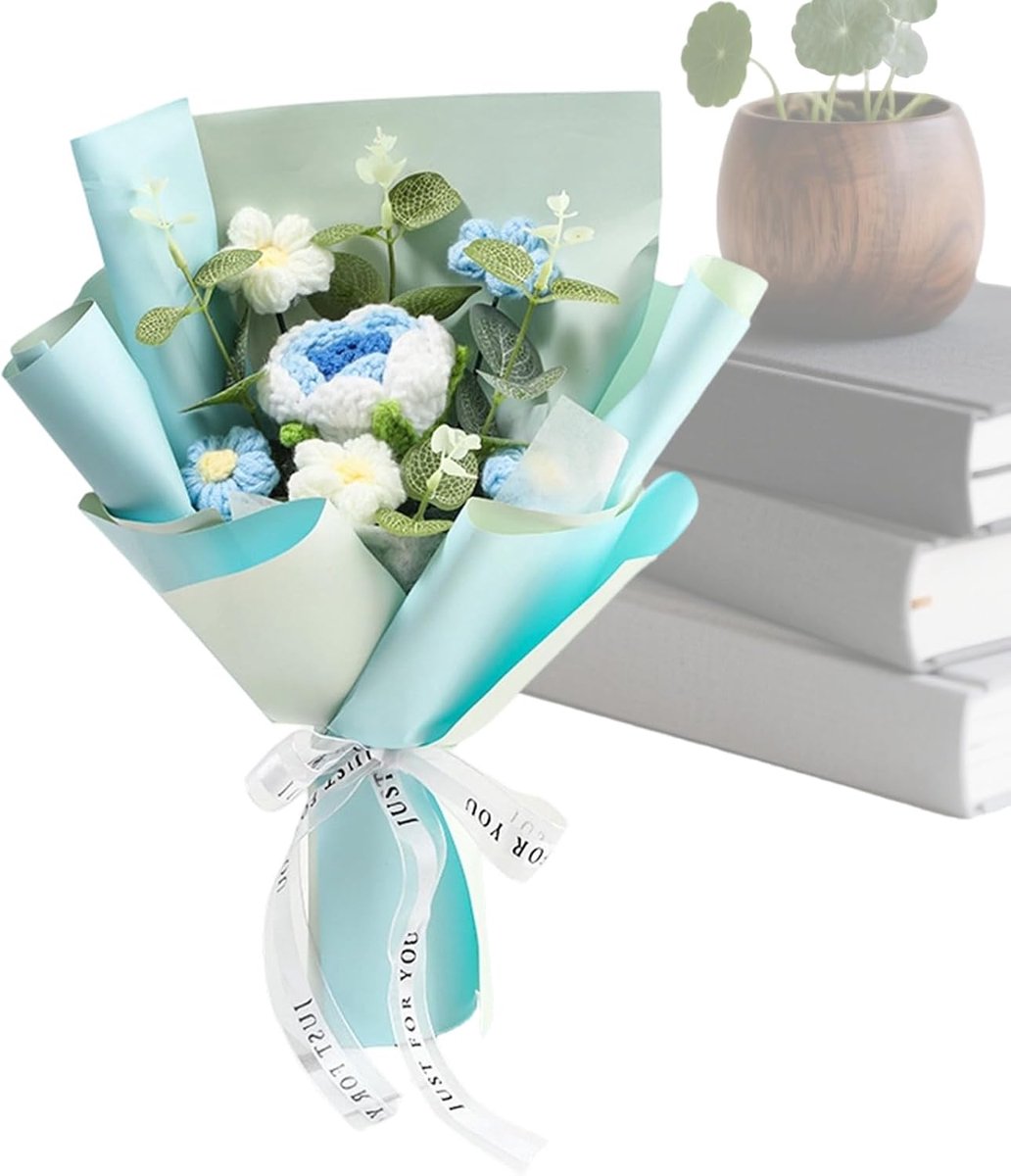 Gehaakt bloemenboeket - Handgemaakte decoratie - Woonkamer verfraaien - Realistisch uiterlijk - 20 cm breed - Blauw