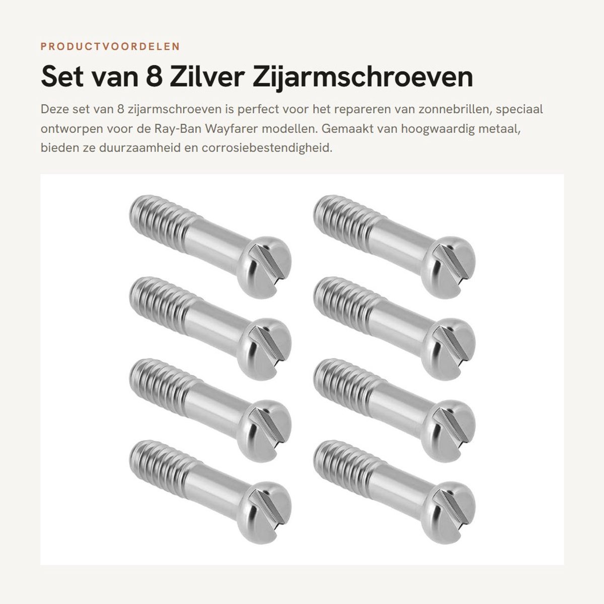 Dailygoods- Zijarmschroeven 8x - Compatibel met Ray-Ban Wayfarer RB2140 - Plat - Metaal - Corrosiebestendig - Eenvoudige installatie - Brilonderdelen