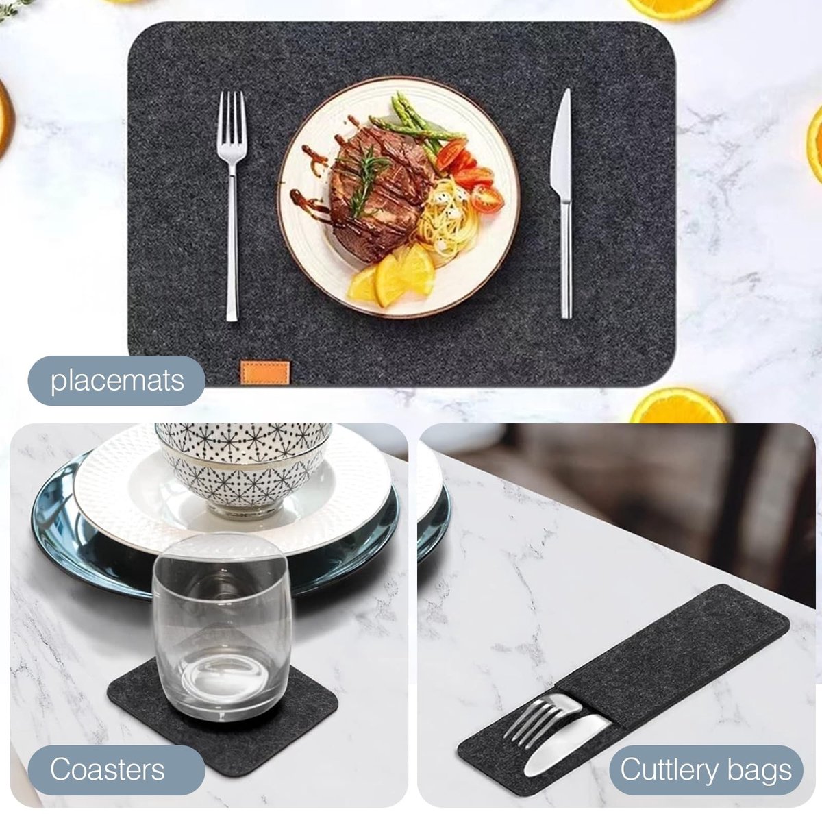 SnelShoppen - Set van 24 Vierkante Vilt Placemat Set met 8 Placemats, 8 Coasters en 8 Bestekzakken, Wasbaar, Hittebestendig, Stijlvolle Tafeldecoratie — cadeau in Wonen & Interieur - foto 6