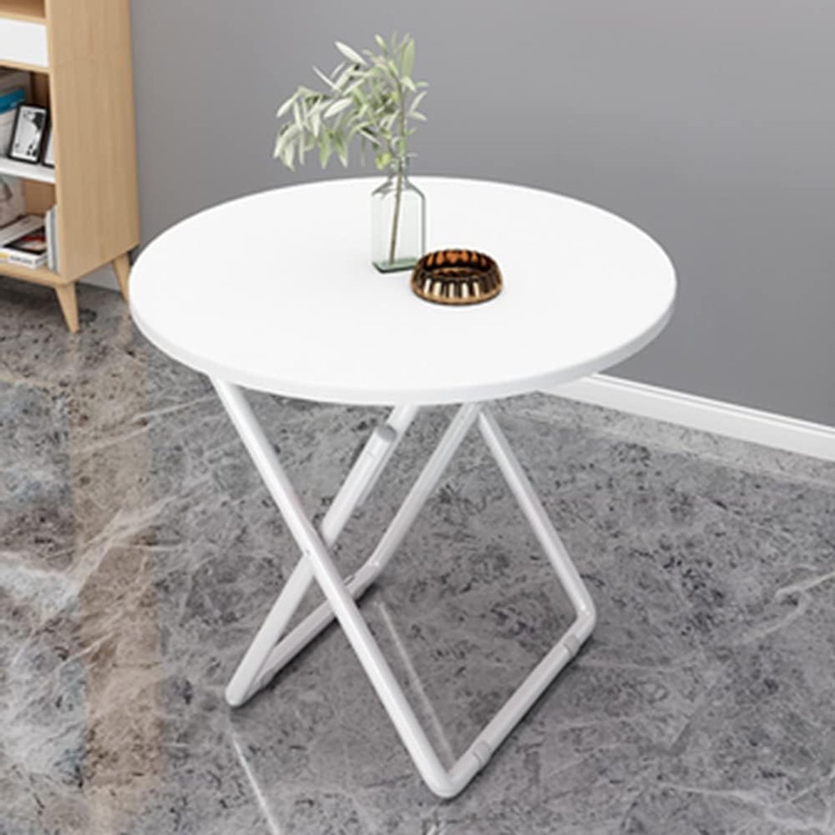 Ronde bijzettafel - Klaptafel balkon - Buiten genieten - Waterproof marmerlook blad - 60 cm diameter - Wit