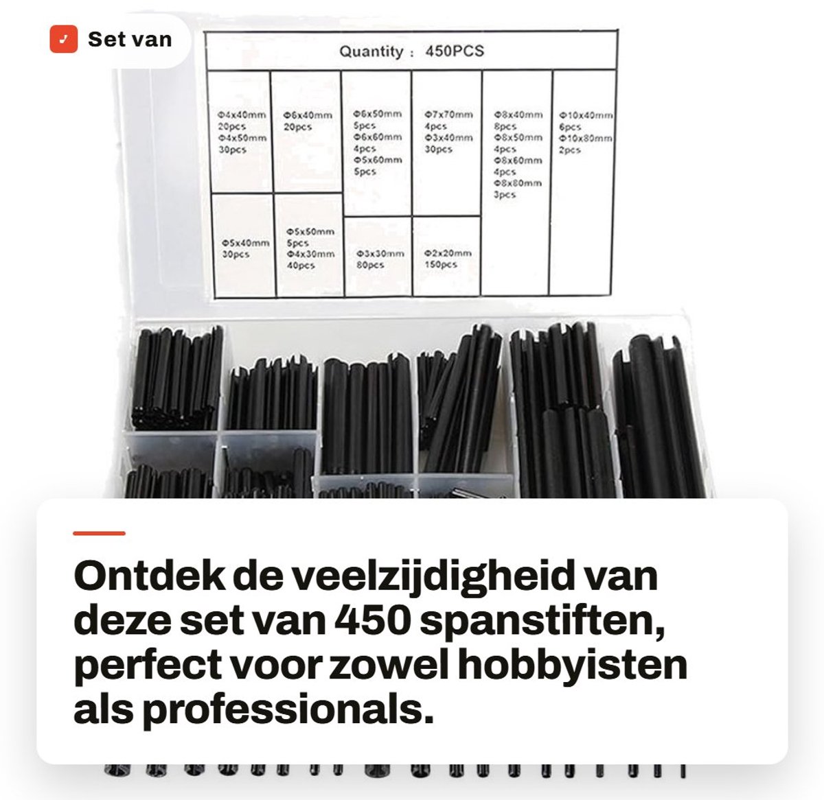 Dailygoods- Spanstiften Set van 450 Stuks - Holle Splinten - Veerpennen - Roestvrij Staal - Manganenstaal M2/M3/M4/M5/M6/M7/M8/M10 - Opbergdoos