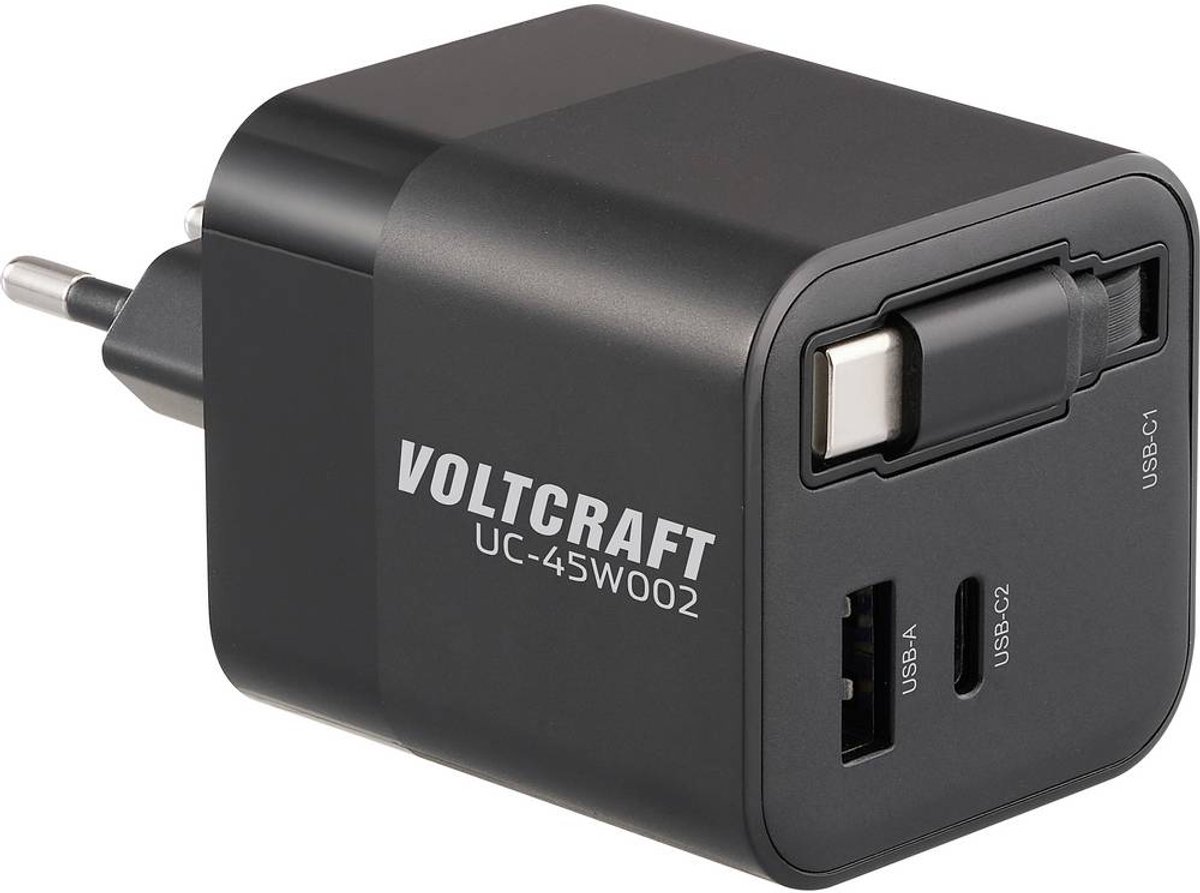 Image of VOLTCRAFT UC-45W002 USB-oplader 45 W 1x USB-A, 2x USB-C USB PD Zwart Binnen GaN, USB Power Delivery (USB-PD), Snellader