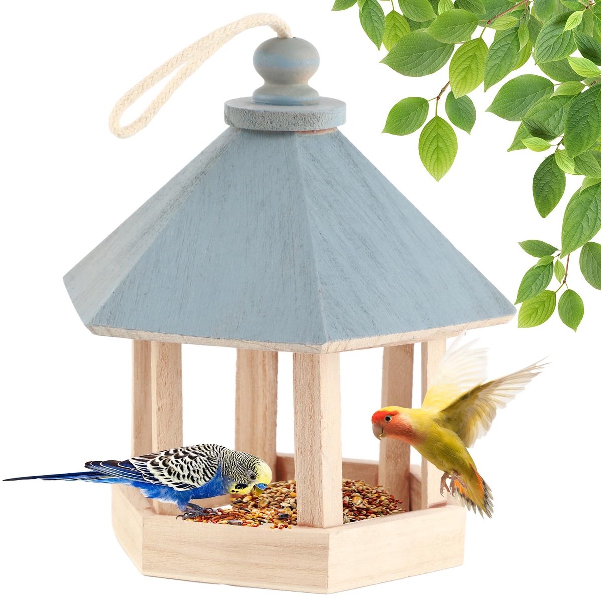 Dailygoods- Vogelvoederhuisje Houten - Hangend Vogelvoederhuisje - Voederbak Kleine Vogels - Tuin Ornament - Veiligheidswaarschuwing - Afmetingen 20x17x17cm - Vogelkast