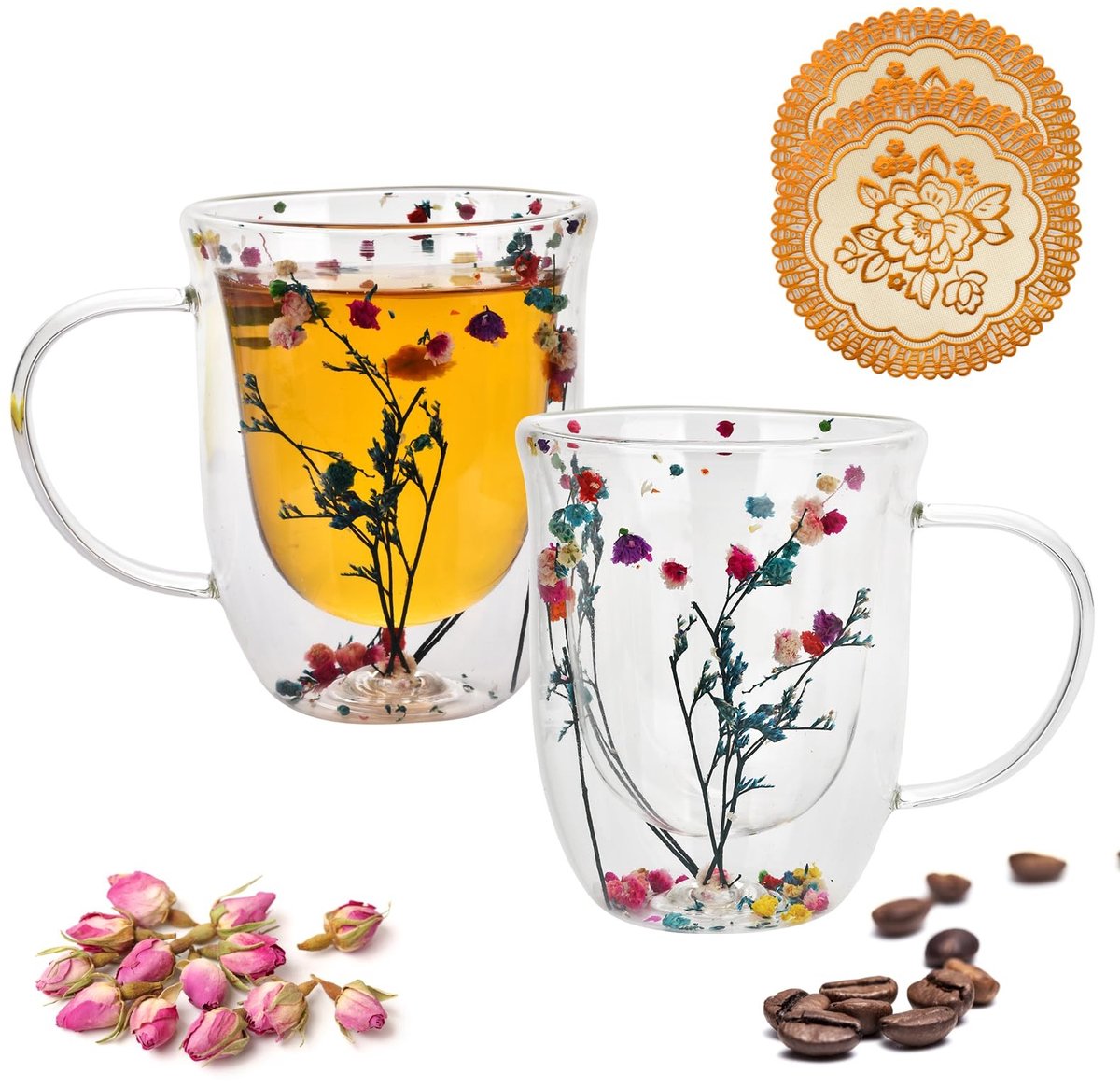 Dailygoods- Koffiekopjes set van 2 - Dubbelwandige Glazen - 320 ml - Gedroogde Bloemen - Unieke Hartvormige Beker - Perfect voor Cadeaus