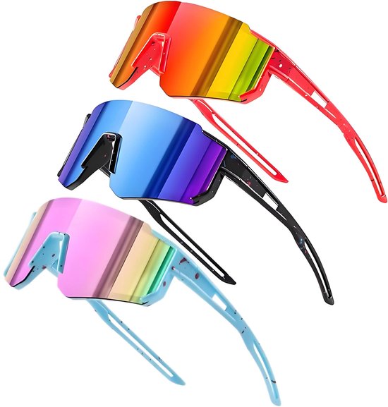 Drie kinder zonnebrillen met gespiegelde lenzen: rood met regenboog spiegel, blauw met paarse spiegel, en lichtblauw met gespikkelde pootjes.