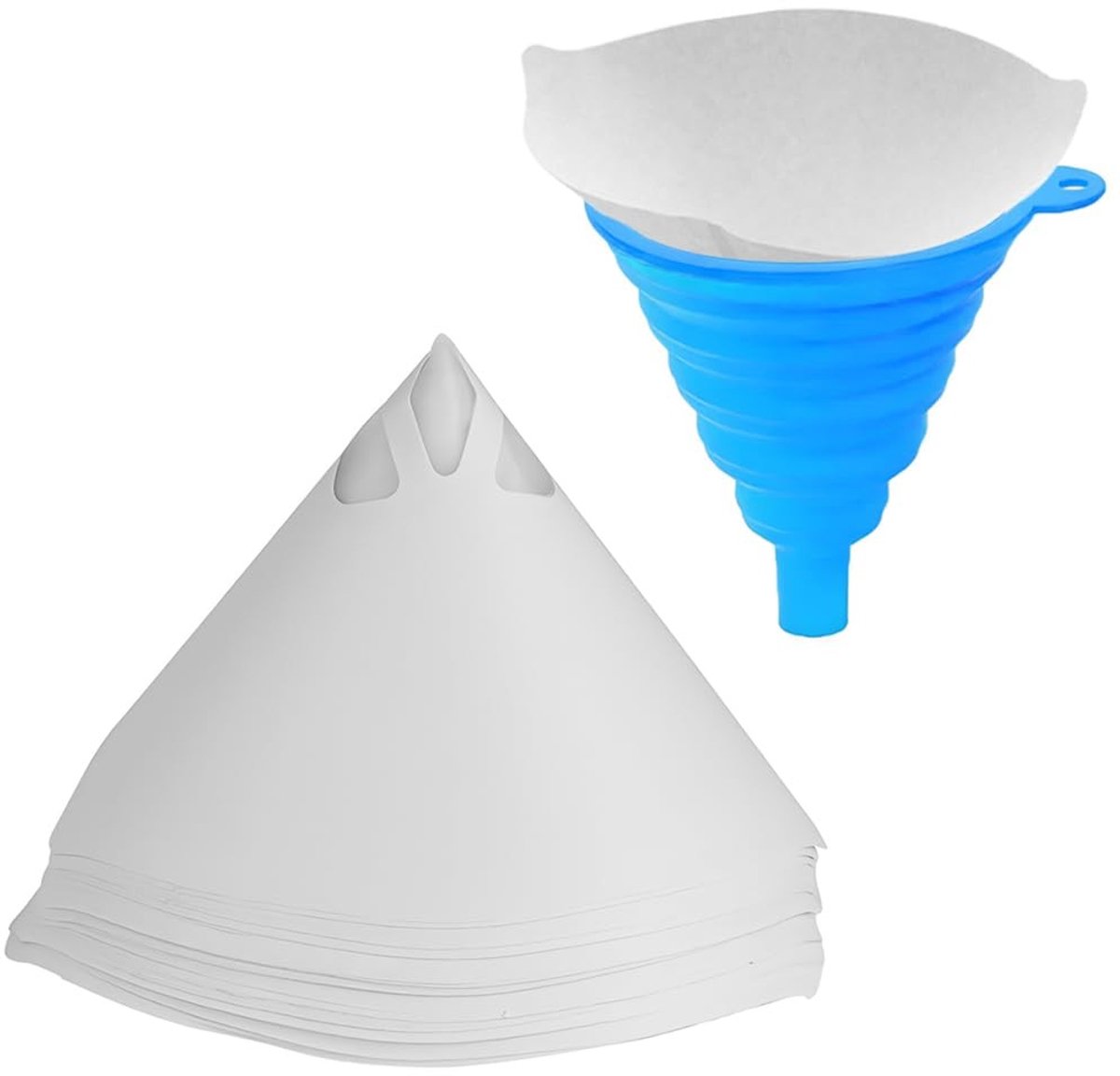 Dailygoods- Verfzeef 101 Stuks - Trechter met Siliconen Filter - Opvouwbare Trechter - Kegelvormige Trechter - Blauw/Oranje - 12 x 10 cm