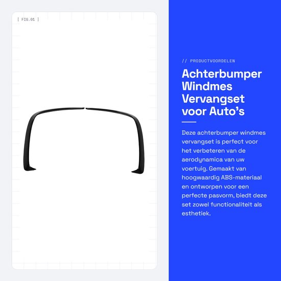 Set van twee glanzend zwarte ABS achterbumper windmessen tegen een blauwe achtergrond met productinformatie.