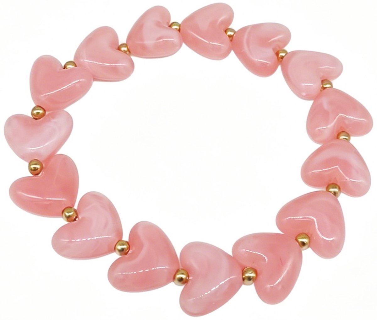 Elastische armband - RVS kralen - hartjes - roze