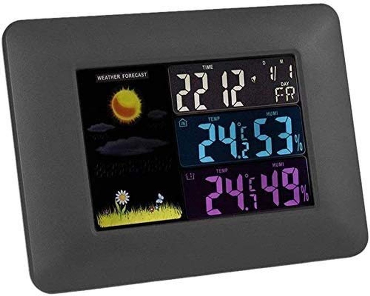 Draadloos weerstation - Temperatuur monitor - Binnen en buiten - Kleurendisplay weersvoorspelling - 17 x 12.5 cm - Zwart