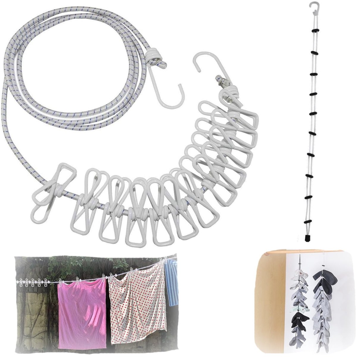Dailygoods- Waslijn Uittrekbaar 1,8m - Draagbare Campingwaslijn - 12 Wasknijpers - Multifunctionele Waslijn - Inclusief Opbergzak - Eenvoudige Installatie - Reiswaslijn