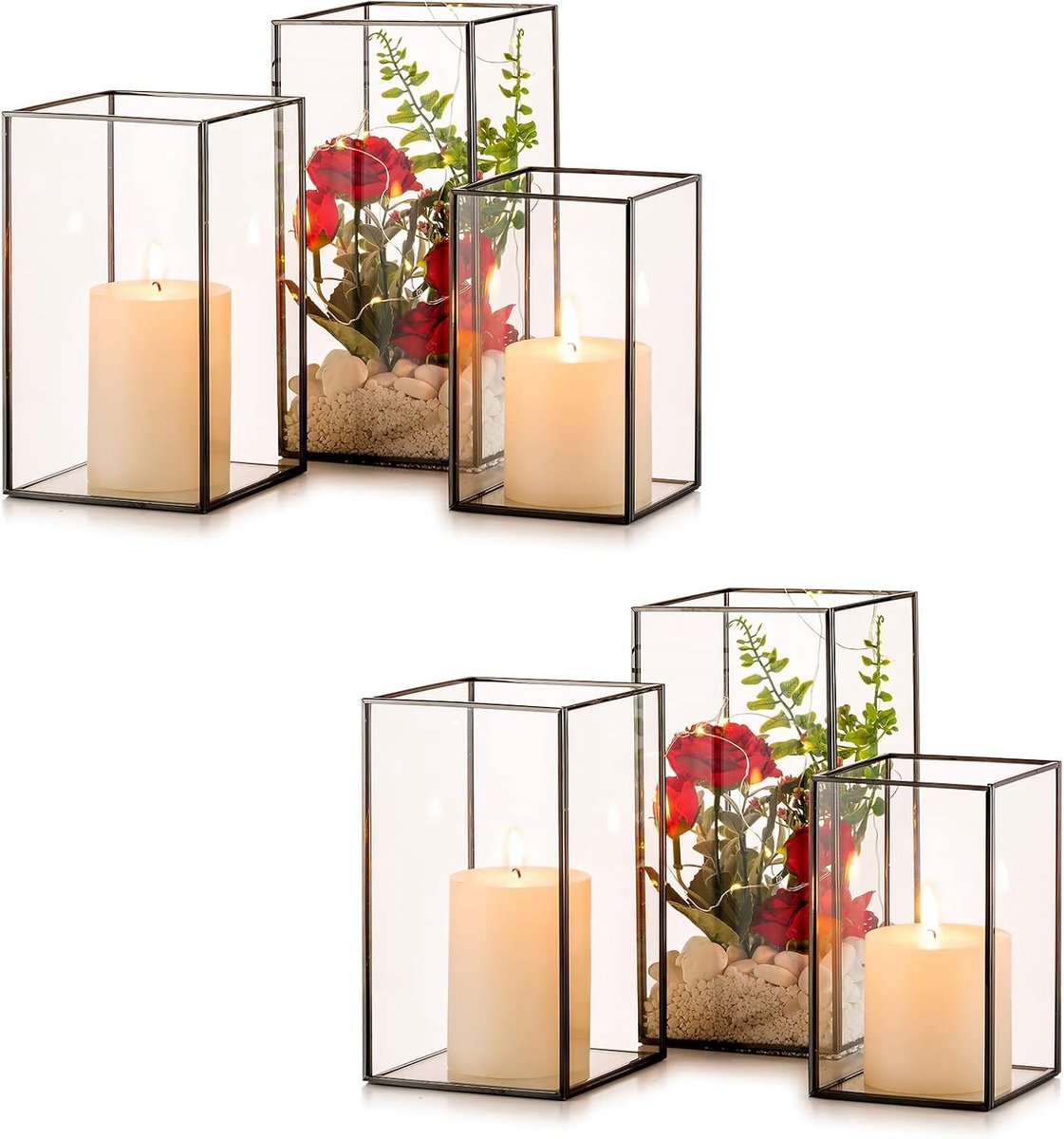 Glazen Kandelaars - Lantaarns Decoratief - Binnen Decoratie - Set van 3 - Tot 24cm Hoog - Zwart