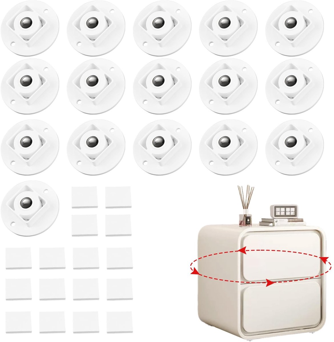 Dailygoods - Meubelwielen, platte zwenkwielen voor meubels, 16 stuks, voor kleine meubels, tafelwielen, wordt geleverd met niet-markerende band, kastwielen, afzonderlijke meubelwielen met een draagvermogen van 10