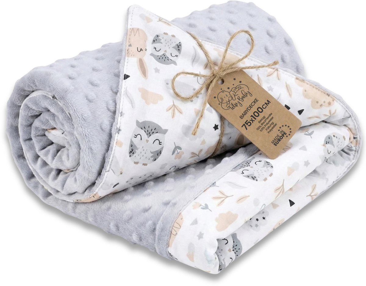 Babydeken Knuffeldeken All-season deken 100x75 cm minky – dubbelzijdig fleece katoen warm zacht donzig kinderen newborn – wiegdeken kinderwagen omkeerbaar peuter Oeko-Tex Uilen