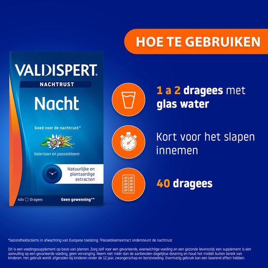 Hoe te gebruiken: 1 à 2 dragées met water. Kort voor het slapen. 40 dragées. Valdispert Nachtrust.