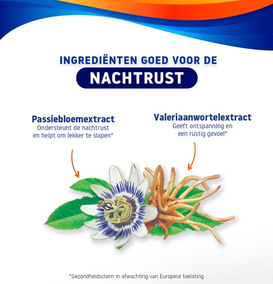 Ingrediënten goed voor de nachtrust: passiebloemextract en valeriaanwortelextract met illustraties.