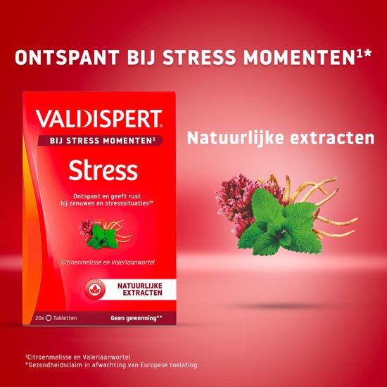 Doosje Valdispert Stress Moments met citroenmelisse en valeriaanwortel, voor ontspanning bij stress.