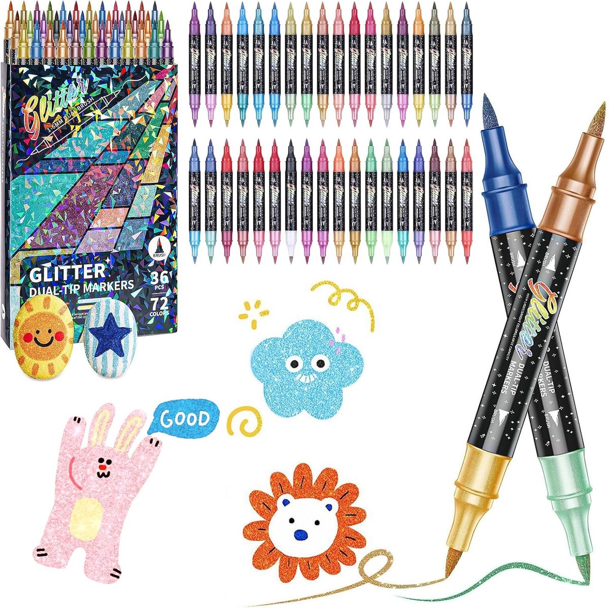 SnelShoppen - Glitterpennen Set 72 Kleuren - Dubbelzijdige Glitter Viltstiften - 36 Stuks Metallic Glitter Markers voor Tekenen, DIY, Scrapbooking en
