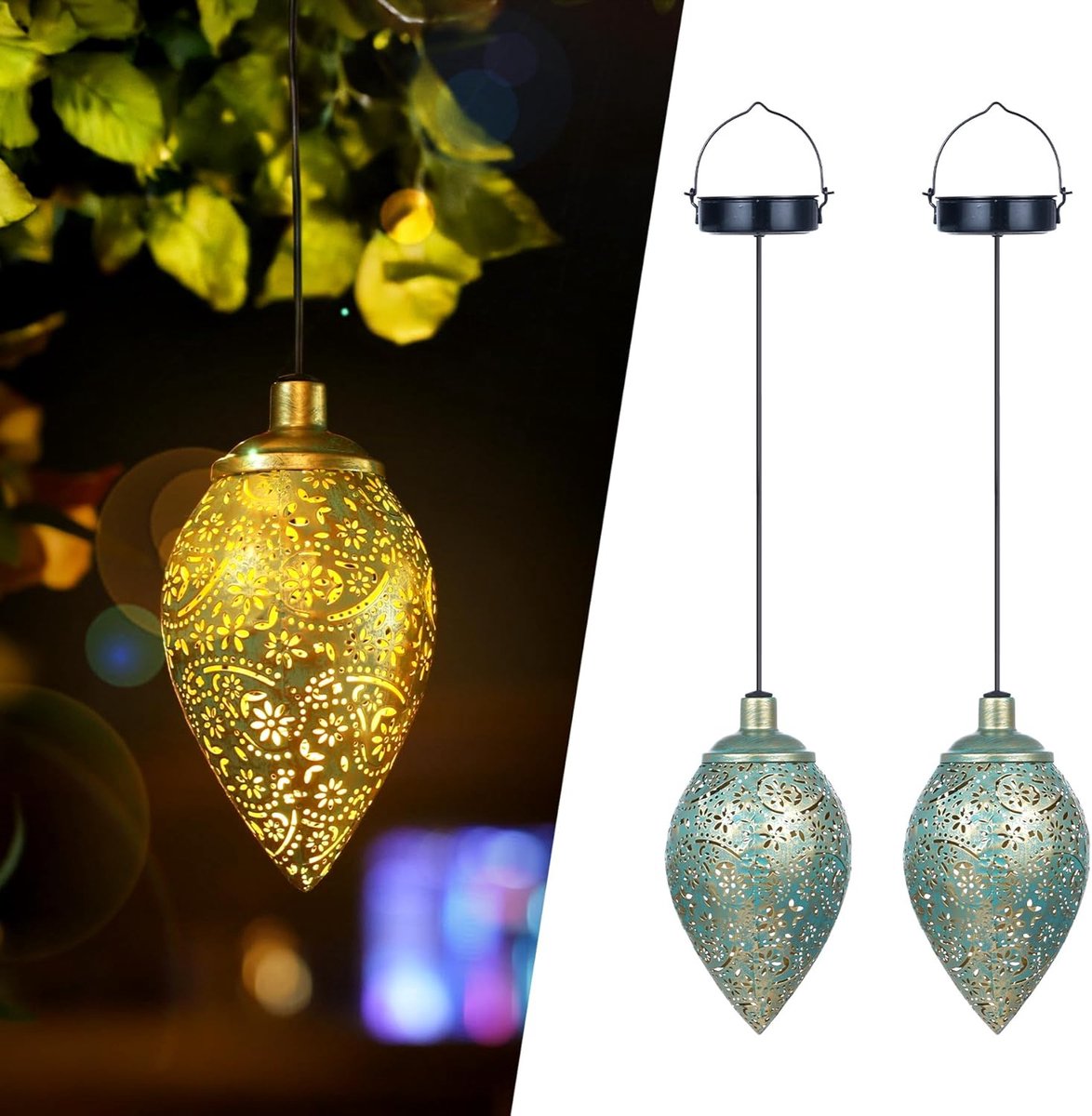 SnelShoppen - Pack van 2 Solar Lantaarns Buiten IP65 Waterdicht Metalen Olijfvorm Retro Paisley Design Tuin Decoratie Voor Balkon en Boom