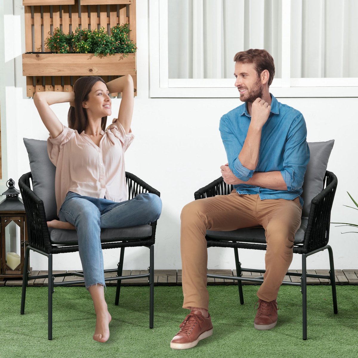 STILVORA Tuinstoel Set Van 2 57 x 60 x 71 cm - Met Kussens En Armleuningen - Boho Stijl - Voor Terras En Balkon - Staal En Touw - Zwart
