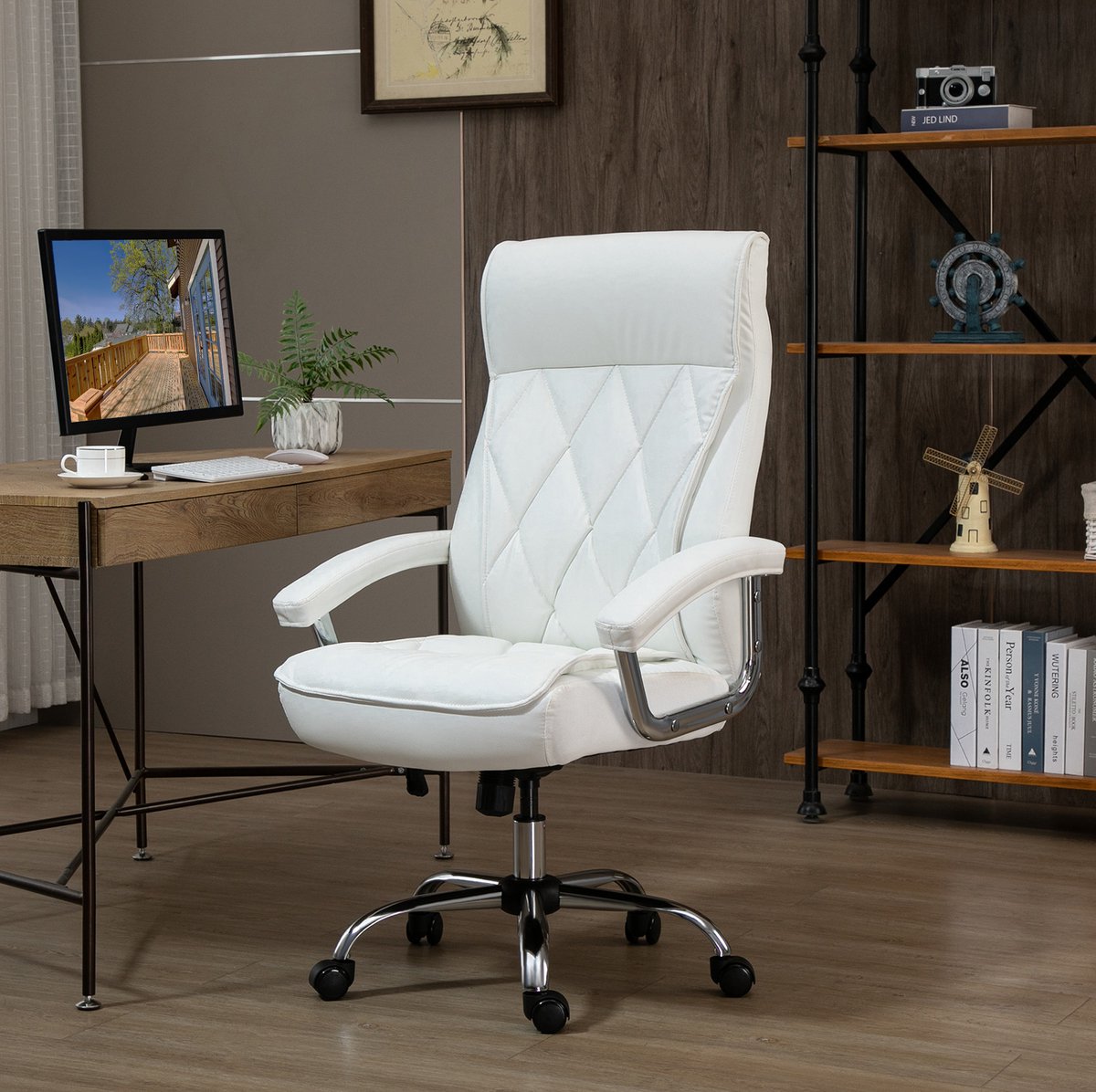 STILVORA Bureaustoel 66 x 69 x 121 cm - Ergonomisch Draaibaar Met Wipfunctie En Hoofdsteun - Voor Thuiskantoor - Kunstleer Wit
