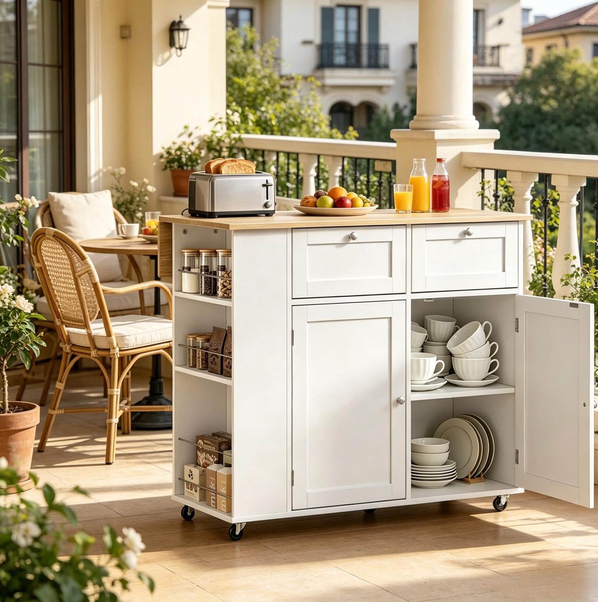 OKWISH Keukenkast – Keuken Eiland Met Wielen – Opklapbaar Werkblad 101×62×86 cm – 2 Lades En Kast Met 4 Vakken – Opbergruimte – Wit Licht Eiken