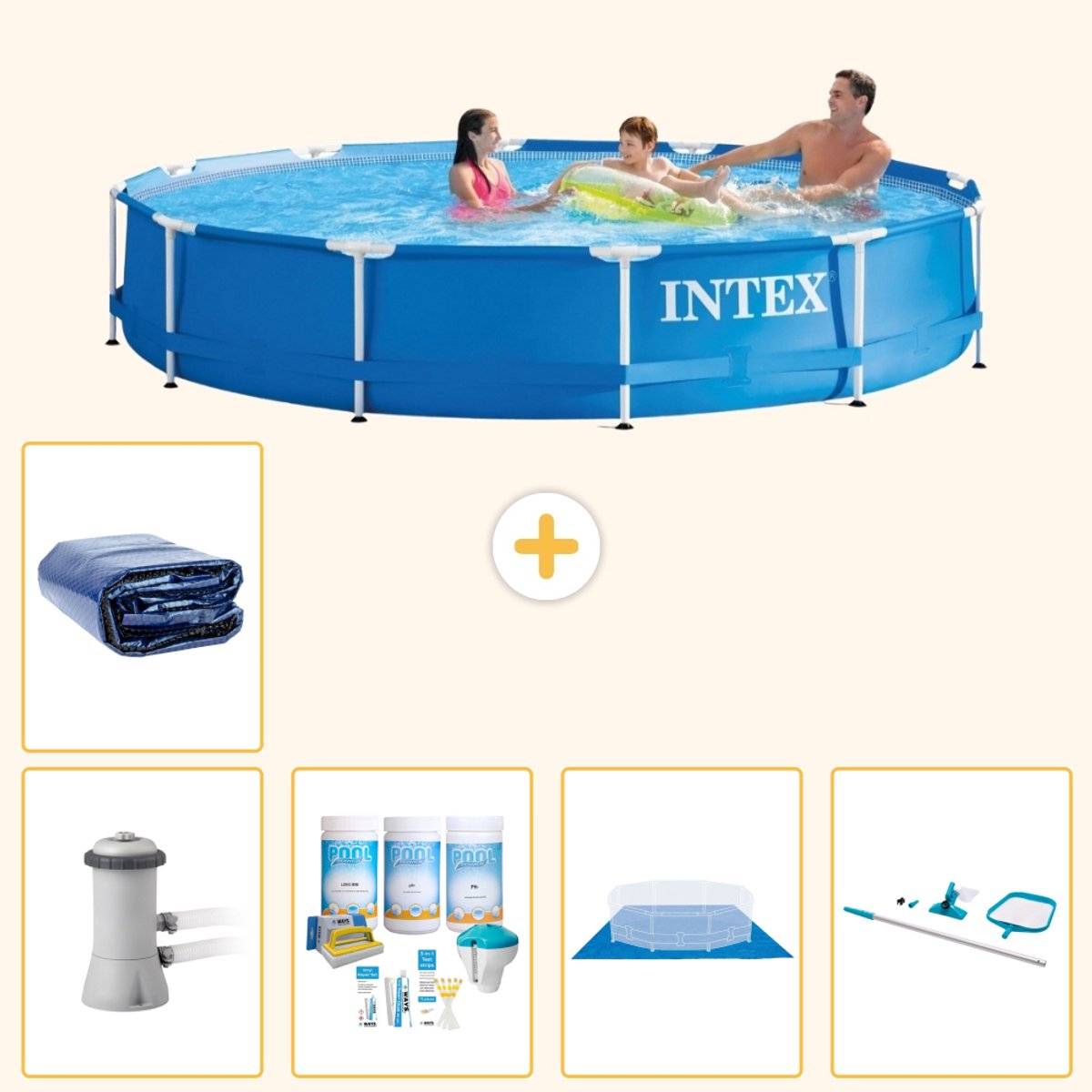 Intex Rond Frame Zwembad - 366 x 76 cm - Blauw - Inclusief Pomp - Onderhoudspakket - Grondzeil - Schoonmaakset - Solarzeil - 6-delig